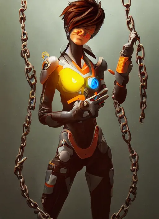 Image similar to full figure, painting of tracer from overwatch, in style of zdzisław beksinski, horror, 4 k, feminine facial features, full armor, full armor, detailed face, tall, dark ropes and chains in background