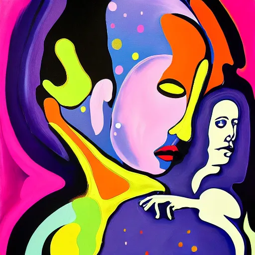 Image similar to a painting of a woman holding a baby, an ultrafine detailed painting by peter max and fiona rae and hernan bas and anna mond, featured on deviantart, metaphysical painting, biomorphic, fauvism, mixed media, photorealistic, dripping paint, palette knife texture, masterpiece