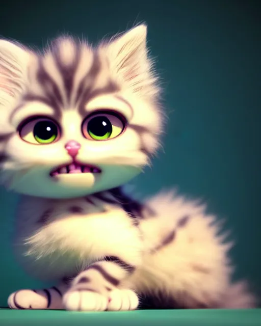 Image similar to cute fluffy kitten with big eyes, portrait, pixar character, octane render, very detailed