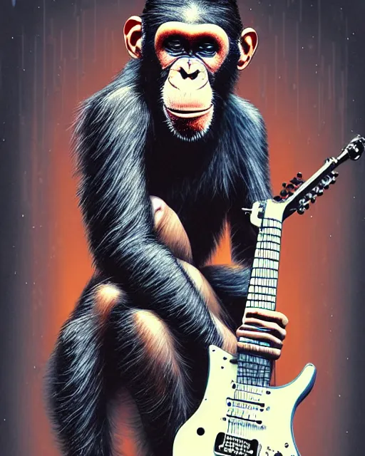 Prompt: a portrait of an anthropomorphic cyberpunk chimp shredding an electric guitar and singing into a microphone on a stand by sandra chevrier, by jon foster, detailed render, tape deck, epic composition, cybernetics, 4 k realistic, cryengine, realistic shaded lighting, sharp focus, masterpiece, by enki bilal