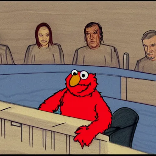 Prompt: elmo testifying in court, being defended by saul goodman, courtroom sketch