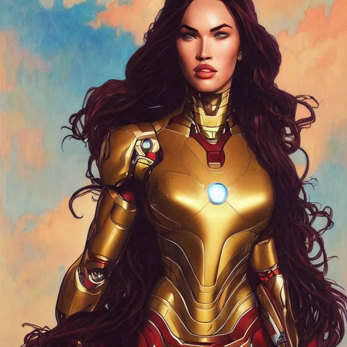 Image similar to megan fox as female ironman by artgerm, greg rutkowski, alphonse mucha