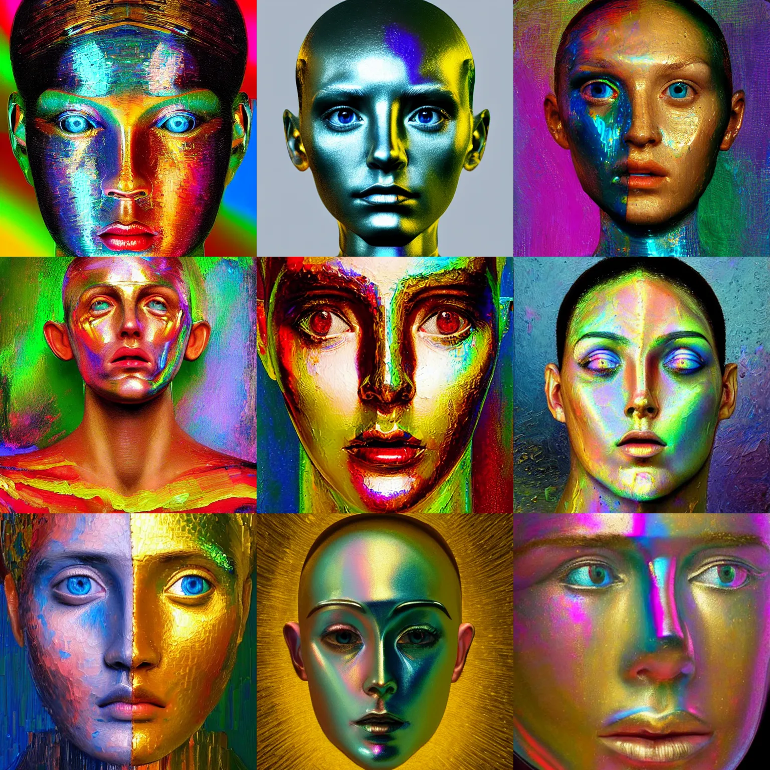 Prompt: Renaissance painting portrait of a holographic human robotic head made of glossy iridescent, glossy iridescent holographic texture, holographic glossy iridescent smooth texture, holographic glossy iridescent 3d texture render, Face, Palette Knife Painting, Acrylic Paint, Dried Acrylic Paint, Dynamic Palette Knife Oil Paintings, Vibrant Palette Knife Portraits Radiate Raw Emotions, Full Of Expressions, Palette Knife Paintings by Francoise Nielly, Beautiful, Beautiful Face, surrealistic 3d illustration of a human face non-binary, non binary model, 3d model human, cryengine, made of holographic texture, holographic material, holographic rainbow, concept of cyborg and artificial intelligence, Renaissance style, Renaissance