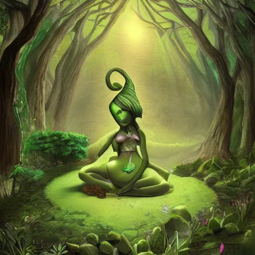 Prompt: a green genie deep in the forest, fantasy illustration