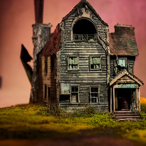 Image similar to 90mm f/2.8 macro photo of a haunted house diorama by tim burton