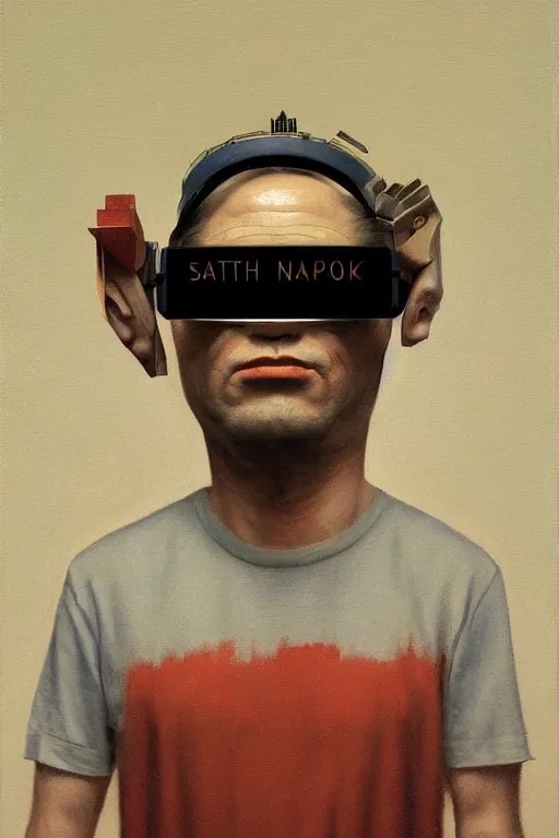 Image similar to satoshi nakamoto wearing oculus and bitcoin over his head edward hopper and james gilleard, zdzislaw beksisnski, higly detailed