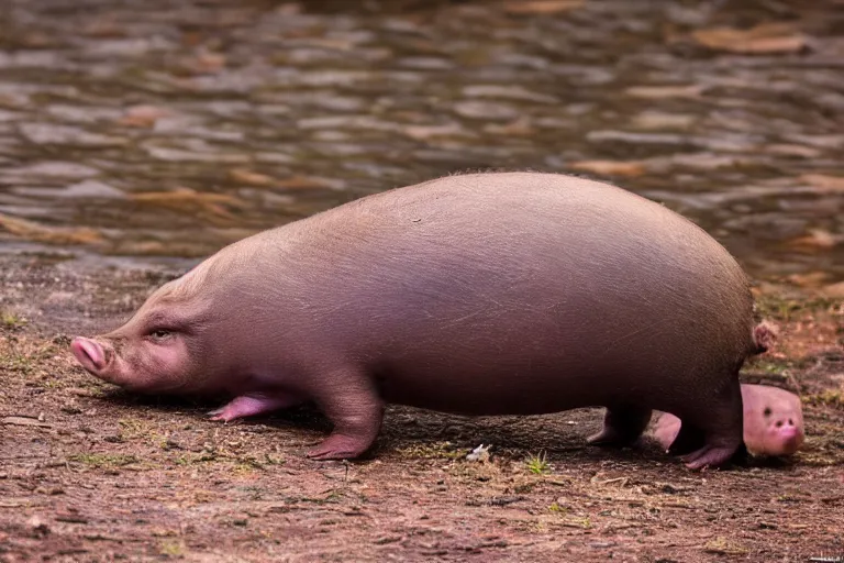 Prompt: a pig platypus!!! hybrid! hyper realistic!! realistic lighting!! wildlife photographer of the year!!! bold natural colors, national geographic, hd, wide angle, 8 k