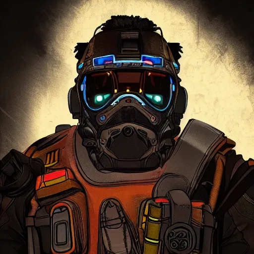 Image similar to Portrait of Pathfinder from Apex Legends, in a dark and gritty style. Dramatic lighting, high quality, realistic.