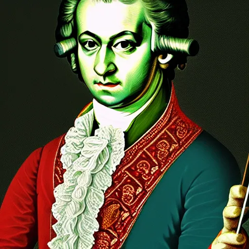 Image similar to Mozart with bloodshot eyes holding a weed joint in his hand, digital art