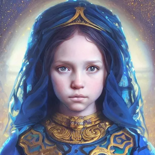 Image similar to a little girl with short wavy curly light brown hair and blue eyes, a space empress in byzantine style. beautiful highly detailed face, painting by artgerm and greg rutkowski and raymond swanland.