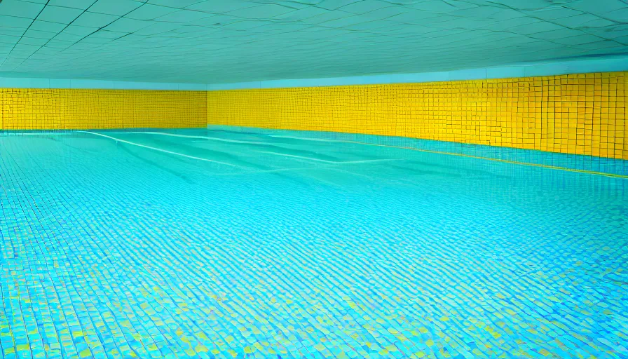 Prompt: movie still of an empty municipal swimmingpool with yellow tiles with light blue tiles, high quality, high detail, liminal space style