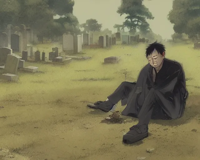 Image similar to a 50 year old brunnete chinese man leaning on the ground at a funeral in a cemetery next to the grim reaper, horror scene, dramatic, anime art, Greg Rutkowski, studio ghibli, dramatic lighting