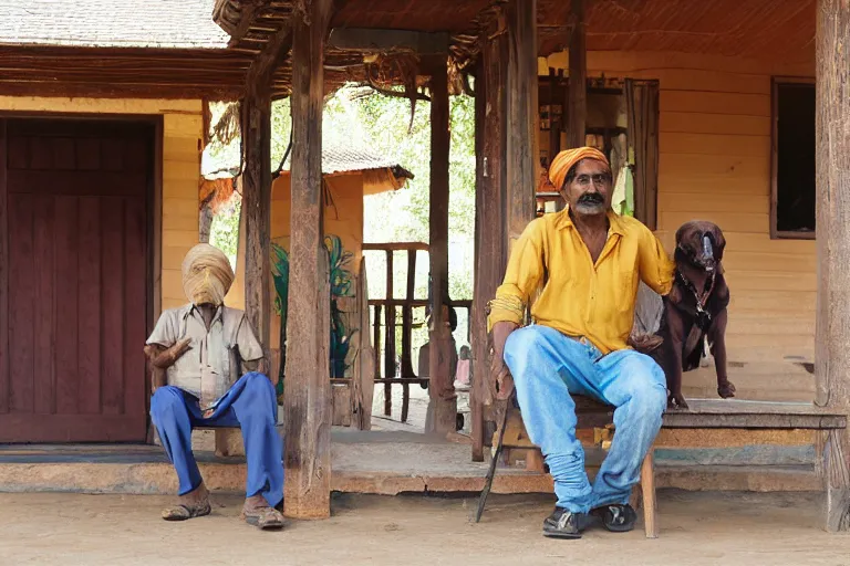 Image similar to Indian man on the country western porch with his golden retriever by Steven Spielberg