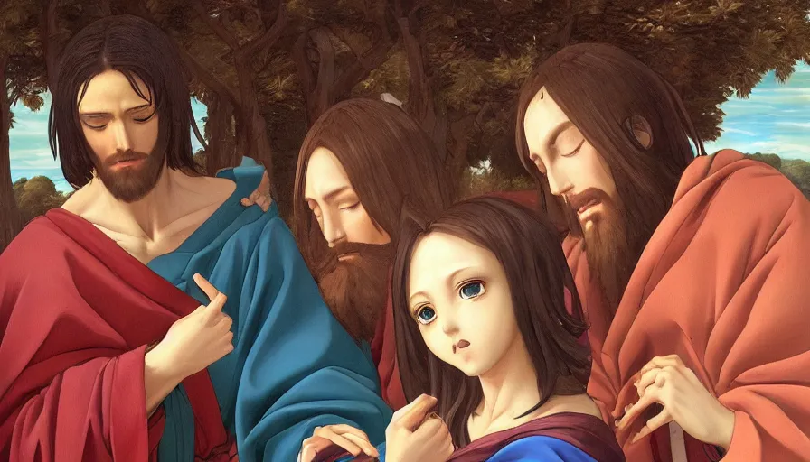 Image similar to jesus christ our lord and savior blessing a cute anime gir, photorealistic, anime, renaissance painting, hyper real, detailed, wide angle shot