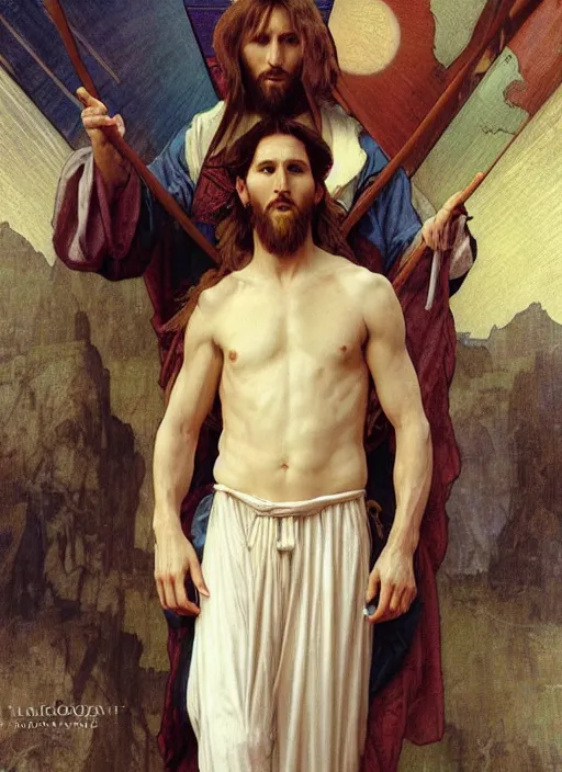 Image similar to portrait lionel messi as jesus in the cross, full length shot, shining, 8 k highly detailed, sharp focus, illustration, art by artgerm, mucha, bouguereau