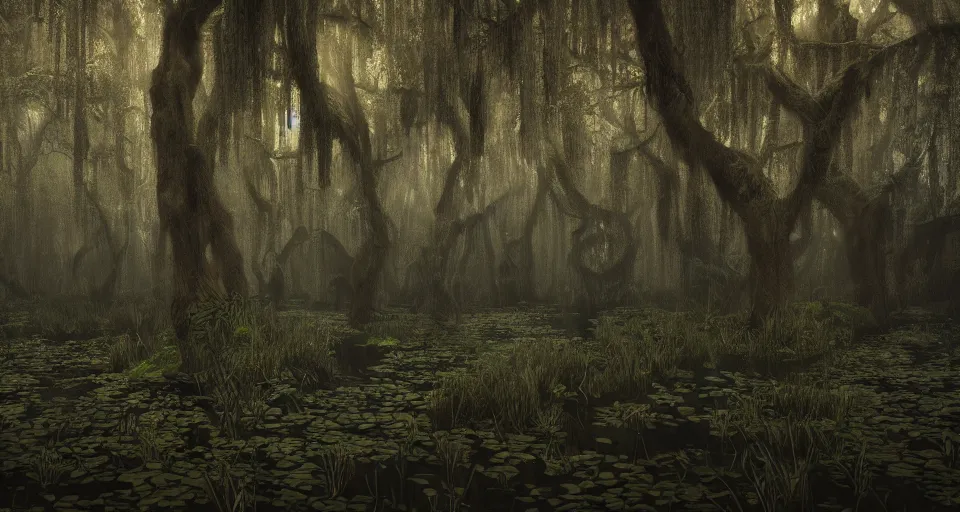 Image similar to A dense and dark enchanted forest with a swamp, with Vray