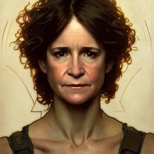 Image similar to full portrait of holly hunter as ellen ripley, fantasy, d & d, intricate, detailed, by by alphonse mucha, adolfo hohenstein, alice russell glenny, stanley artgerm lau, greg rutkowski, detailed, trending on artstation, trending on artstation, smooth