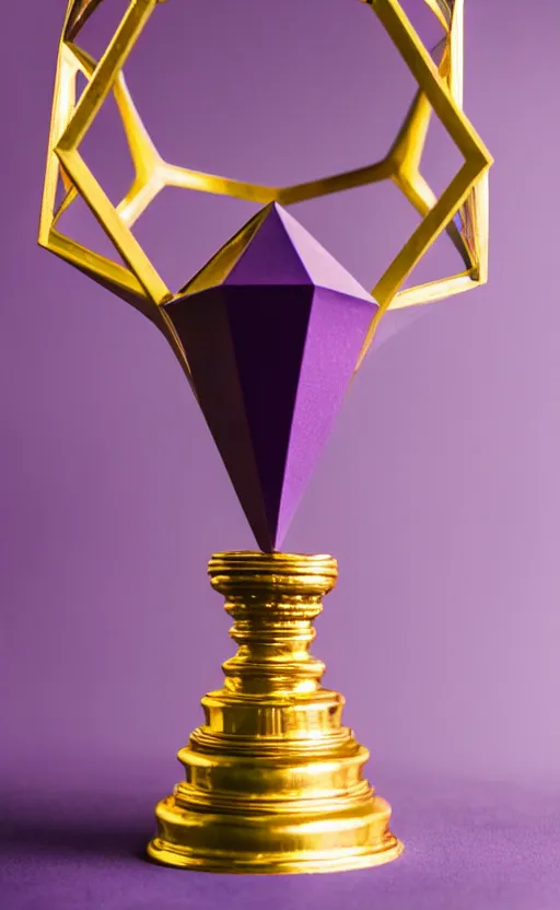 Image similar to a tall reflective very symmetrical polyhedral 3 d printed steel engineering trophy on a dark purple backdrop in a medieval themed castle in golden afternoon light, professional food photography