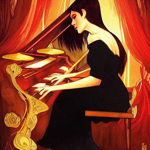 Prompt: a beautiful tarot card of a piano player with black and red hair singing in a jazz club, female, space fantasy, in the style of magic the gathering, intricate, elegant, highly detailed, digital painting, artstation, concept art, matte, sharp focus, illustration, art by greg rutkowski and alphonse mucha