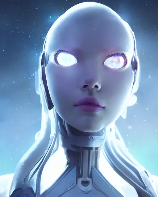 Image similar to perfect android girl on a mothership, warframe armor, beautiful face, scifi, futuristic, galaxy, nebula, raytracing, dreamy, long white hair, blue cyborg eyes, sharp focus, cinematic lighting, highly detailed, artstation, divine, by gauthier leblanc, kazuya takahashi, huifeng huang