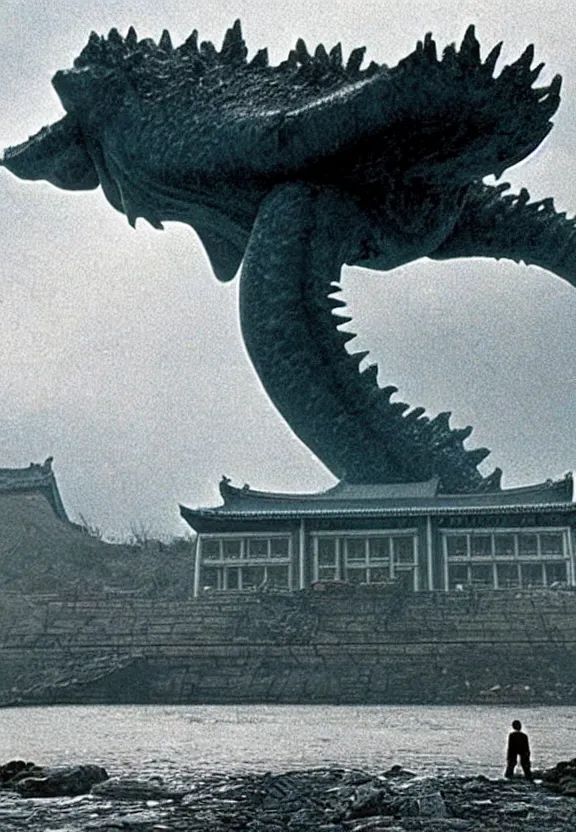 Image similar to a filmstill of a north korean monster movie, kaiju - eiga monster starfish - like trampling a traditional korean palace, foggy, film noir, epic battle, etheral, explosions, communist propaganda, communist epic thriller, by akira kurosawa and wes anderson video compression