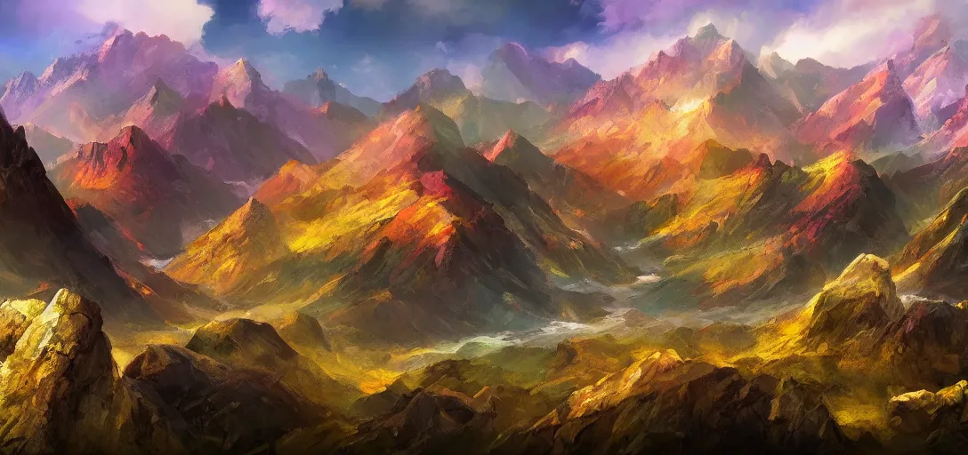 Image similar to vast mountain landscape, craggy mountains, magic the gathering, three - colors, three - color color palette, panoramic, wide angle, horizon, highly detailed