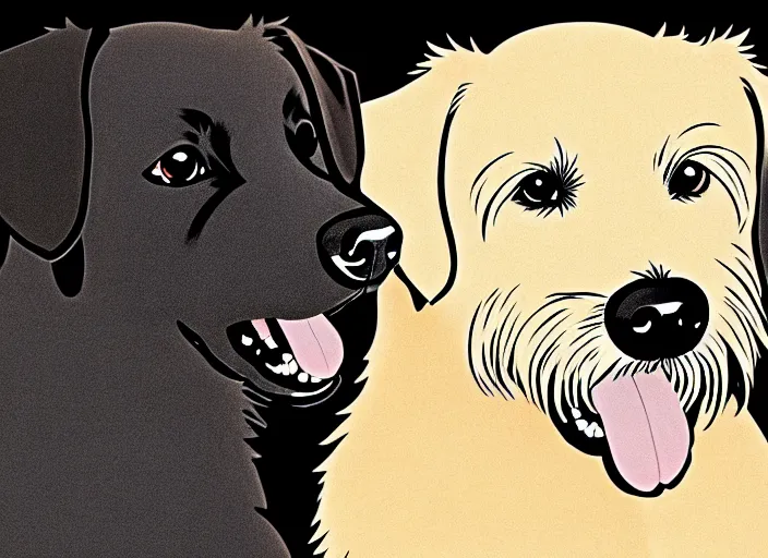 Prompt: portrait of blond terrier and a black labrador, anime, shigeto koyama,jean giraud, manga, 28mm lens, vibrant high contrast, gradation, cinematic, rule of thirds, great composition, intricate, detailed, flat, matte print, sharp,clean lines,masakazu katsura