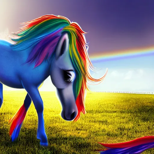 Image similar to Rainbow Dash, Equine Photography, Pegasus, Light-blue coat with rainbow mane and tail, realistic 4k