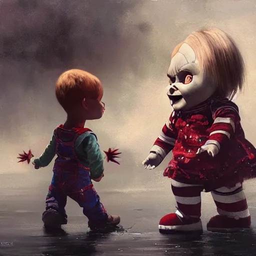 Image similar to the doll chucky fighting the doll annabelle in oslo, oil painting, by greg rutkowski