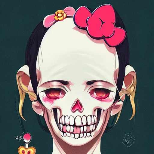 Image similar to anime skull portrait woman balloons, hello kitty, elegant, highly detailed, hard shadows and strong rim light, art by jc leyendecker and atey ghailan and sachin teng