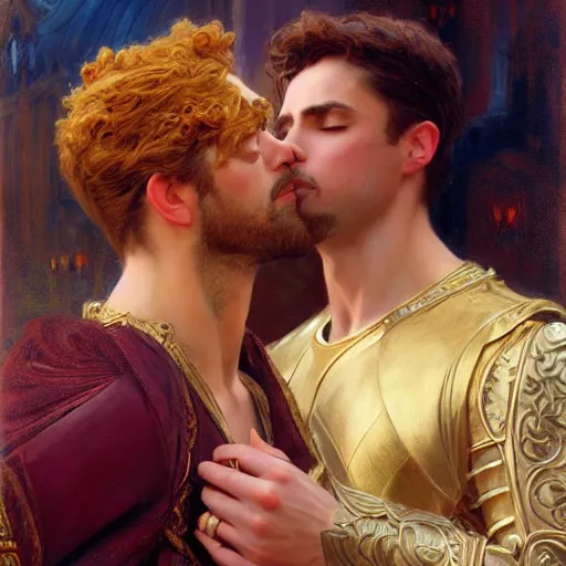 Image similar to attractive fully clothed king confesses his love for his attractive fully clothed male prince. highly detailed painting by gaston bussiere, craig mullins, j. c. leyendecker 8 k