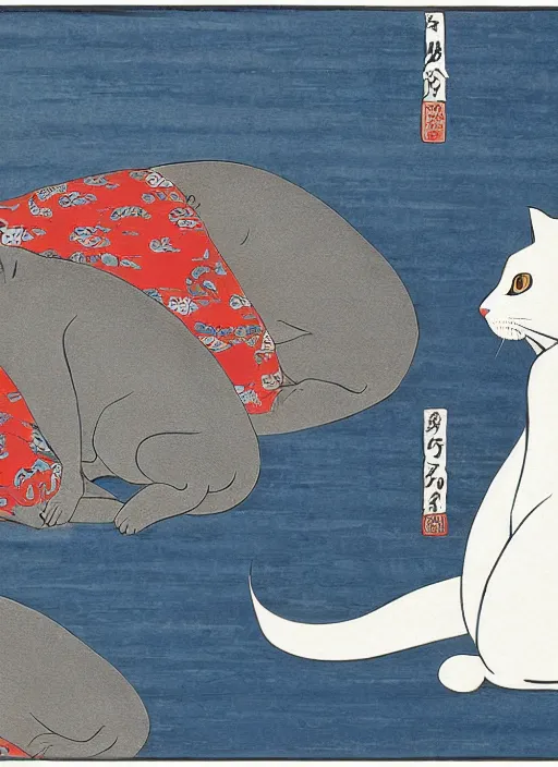 Image similar to whitecat with 2 baby white cats of utagawa hiroshige, digital painting 4 k uhd image, highly detailed