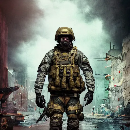 Image similar to mr. rodgers in military gear looking tough, movie poster, intricate, hyper detailed, accent lighting, dramatic light, 4 k octane render