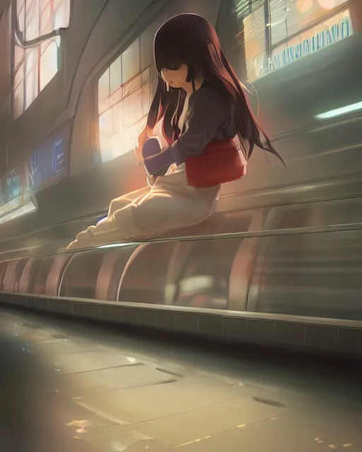 Image similar to a lonely girl sitting on a subway, full shot, ambient lighting, detailed shading, by makoto shinkai, stanley artgerm lau, wlop, rossdraws