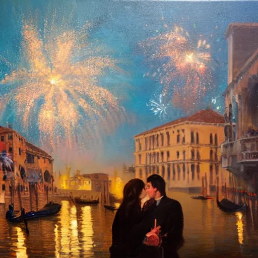 Image similar to an oil painting of couple kissing, in a background fireworks in venice