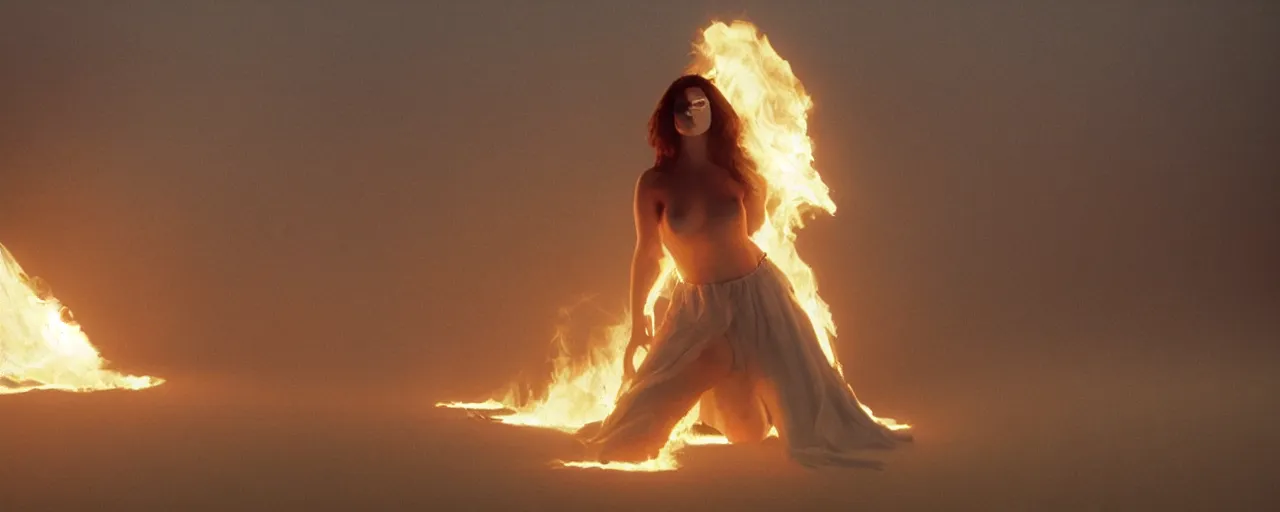 Image similar to The full body shot of beautiful pale woman with white flowers and full-face golden mask inside a thick black smoke in rocky desert landscape, glowing eyes everywhere, burning earth by Gaspar Noe and Christopher Doyle, anamorphic lens, anamorphic lens flares, kodakchrome, cinematic composition, practical effects, award winning photo, 8k