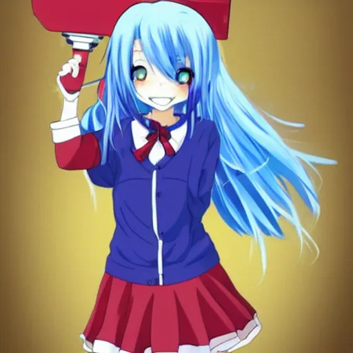 Image similar to anime girl with fark blue hair with a red streak, she is smiling, confident, wearing a school uniform, you can see her belly the top has anime demon eyes, she wear sneakers and she is holding a giant iron red half scissor