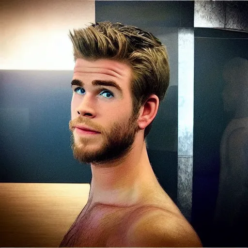 Image similar to “a realistic detailed photo of a guy who is an attractive humanoid who is half robot and half humanoid, who is a male android, actor Liam Hemsworth, shiny skin, posing like a statue, blank stare, at the museum, on display”