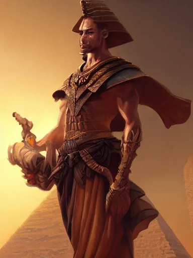 Image similar to a handsome man, leaning on his staff, near the great pyramids. intricate, elegant, highly detailed, digital painting, artstation, concept art, sharp focus, illustration, by justin gerard and artgerm, 8 k