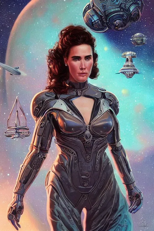 Image similar to Jennifer Connelly as a stunning , beautiful retro SCI-FI space heroine 1985 , intricate, elegant, highly detailed, centered, digital painting, trending on artstation, concept art, smooth, sharp focus, illustration, art by artgerm and donato giancola and Joseph Christian Leyendecker, Ross Tran, WLOP