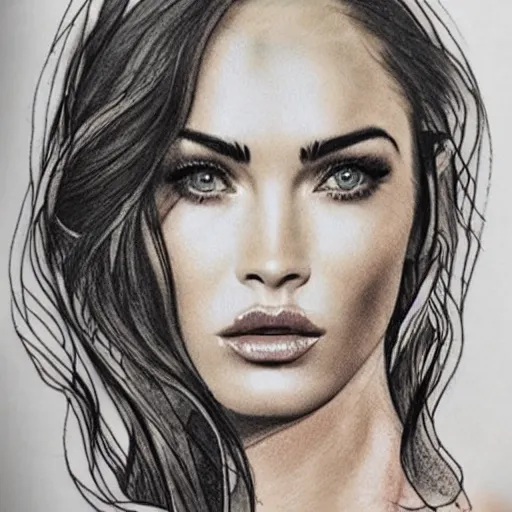 Image similar to tattoo design sketch megan fox face double exposure effect with beautiful mountain scenery, in the style of matteo pasqualin, amazing detail