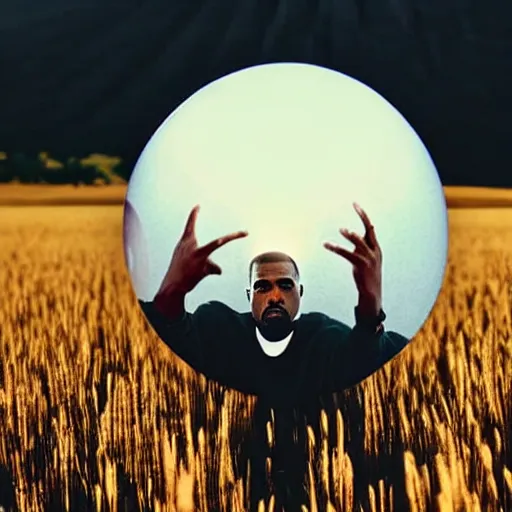 Prompt: an extreme wide shot of a Kanye West holding a glowing white orb standing in a field of dead grass next to a lake, wide angle, in the distance, far away, vintage photo, film grain, cold weather