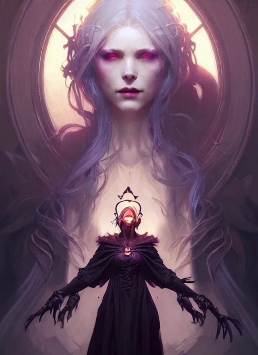 Image similar to Necromancer Sorceress, fantasy magic, undercut hairstyle, dark light night, intricate, elegant, sharp focus, illustration, highly detailed, digital painting, concept art, matte, art by WLOP and Artgerm and Greg Rutkowski and Alphonse Mucha, masterpiece