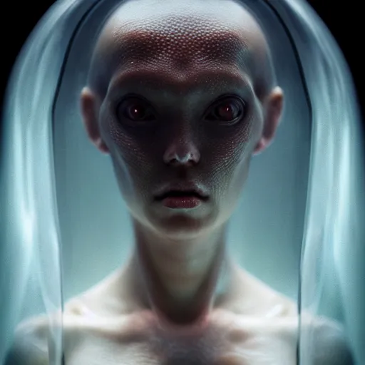Image similar to ultra realistic horror photo of a dimly lit translucent female alien creature underwater, very intricate details, focus, full frame image, curvy, model pose, artwork by tooth wu and wlop and greg rutkowski, award winning