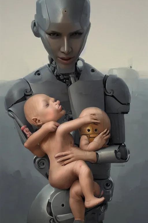 Image similar to female robot portrait, holding young baby, dystopian, digital painting, sculpted in zbrush, artstation, concept art, sharp focus, illustration, chiaroscuro lighting, golden ratio, rule of thirds, incredible art by artgerm greg rutkowski wlop simon stalenhag