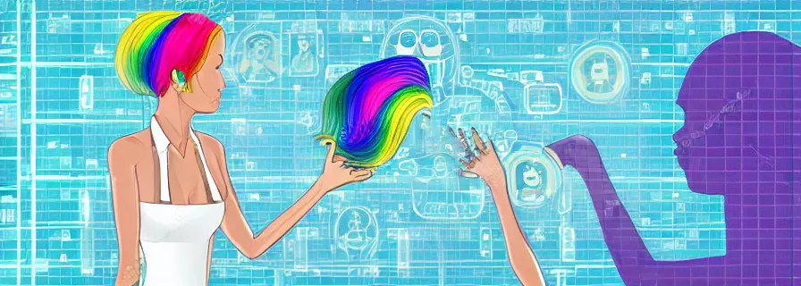 Image similar to anthropomorphic female with rainbow hair accompanying artificial intelligence boyfriend blueprint