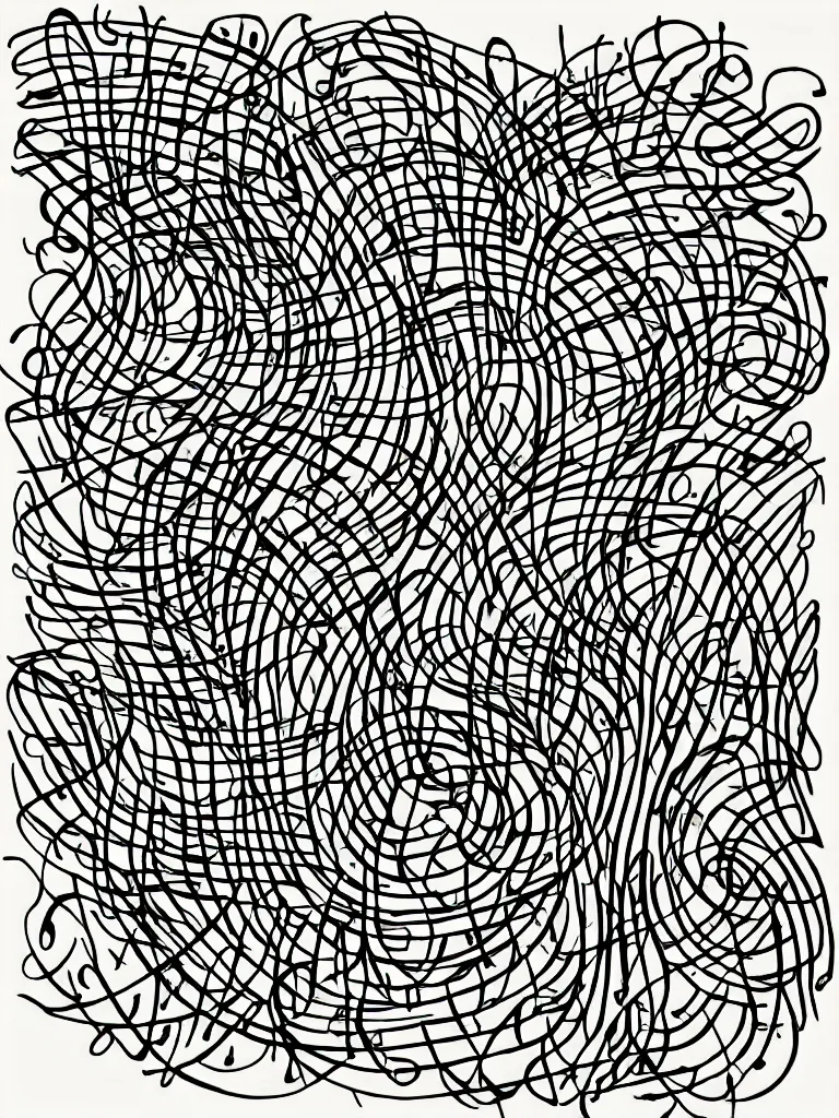 Prompt: abstract single line thick sharpie drawing, acorn in bottom corner grows to becomes tree in shape of treble clef, bursts of color, Mo Ganji, continuous line drawing