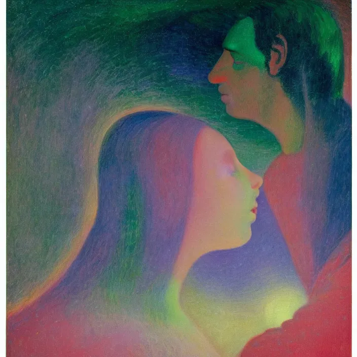 Image similar to close portrait of woman and man kissing. aurora borealis. iridescent, vivid psychedelic colors. painting by fra angelico, agnes pelton, utamaro, monet