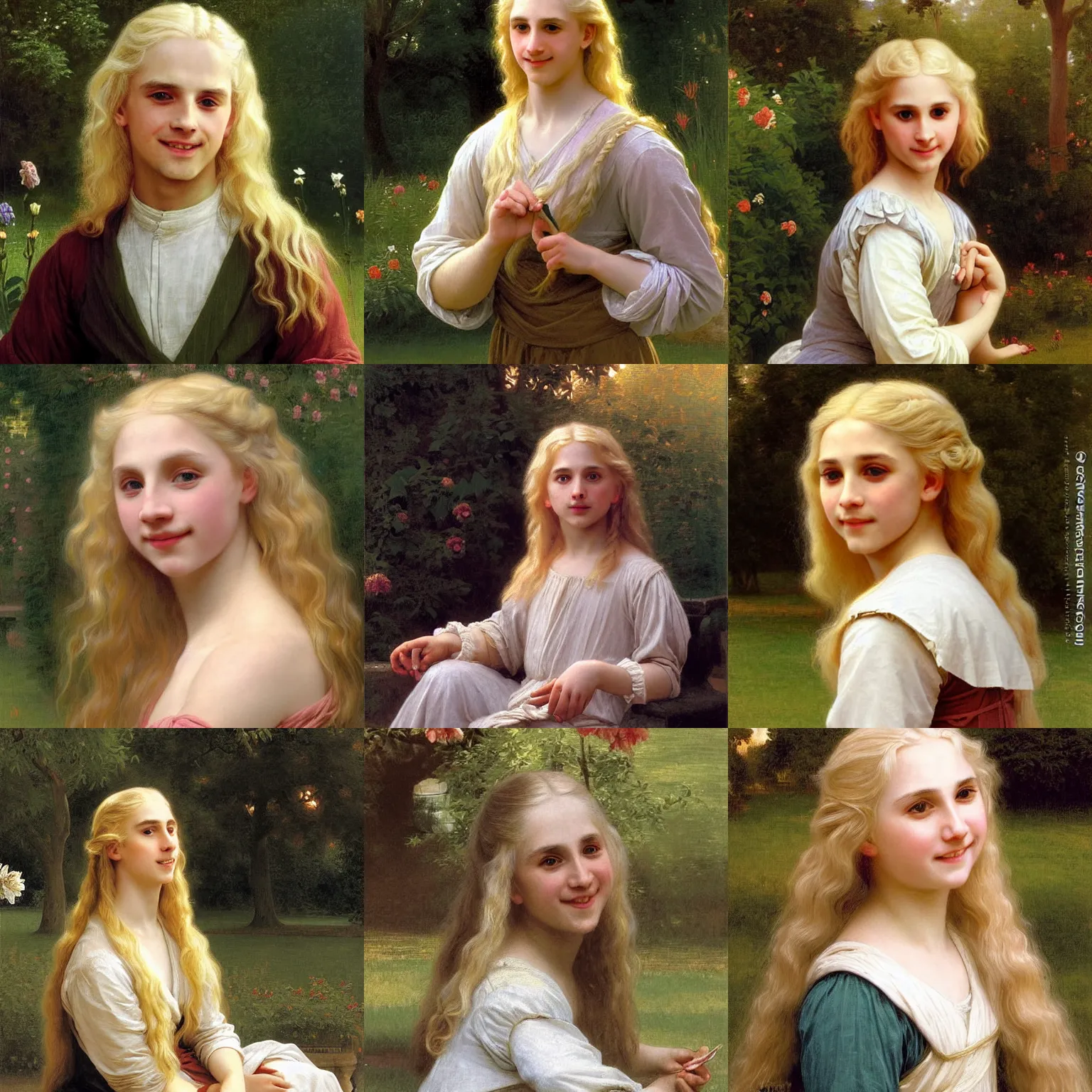Prompt: Painting of Viserys Targaryen in the gardens at golden hour. beautiful long golden blonde hair. Young. Smiling. Happy. Cheerful. Art by william adolphe bouguereau. Very very very very very very very very very very very very much detailed. Beautiful. 4K. Award winning.