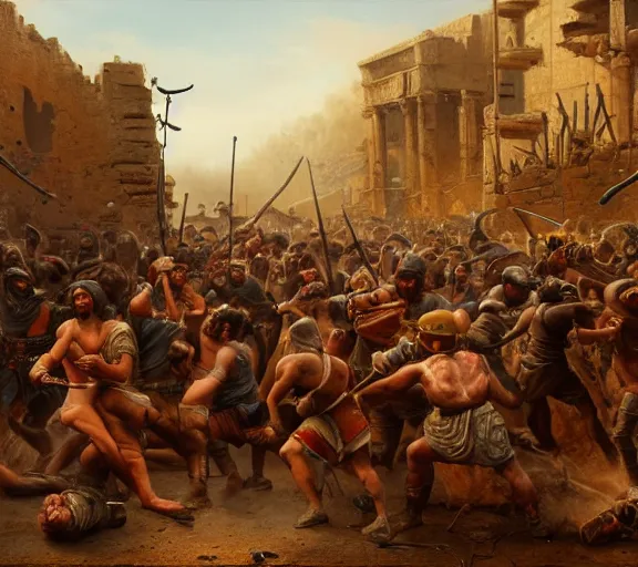 Prompt: an epic matte painting of podcasters fighting in the streets of an ancient city during the bronze age collapse, soft lighting, very coherent, oil on canvas in the style of John grimshaw,